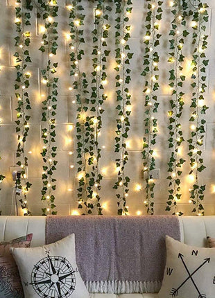 2M künstliche Efeugirlande mit 76 Blättern und 20 Mini-LEDs, Batteriebetrieben, für Außen