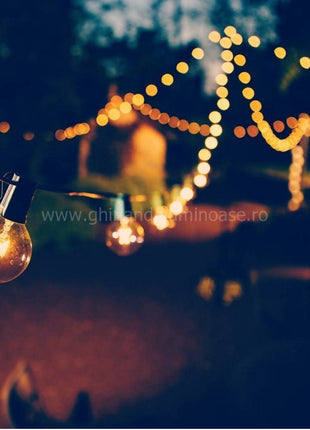 Lichterkette 8M mit 25 + 3 Glühlampen G40, E12, 7W, Schwarzes Kabel, Verbindbar 24M, für Außen