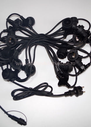 Kabel 10M mit 20 Fassungen E27 max. 15W, Schwarzes Kabel, Verbindbar max. 1000W, für Außen