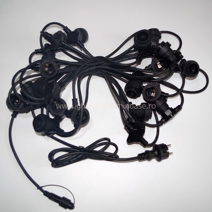 Kabel 10M mit 10 Fassungen E27, max. 15W, Schwarzes Kabel, Verbindbar max. 1000W, für Außen