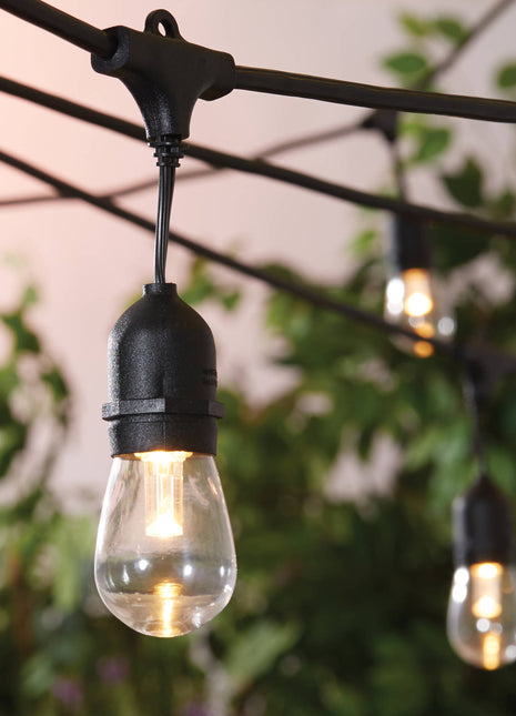 Lichterkette 15M mit 15 Pendel LED-Birnen, E27, 2W, Kunststoff, Dimmbar, Schwarzes Kabel, Verbindbar 500M, für Außen