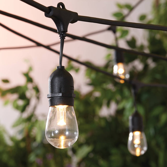Lichterkette 15M mit 15 Pendel LED-Birnen, E27, 2W, Kunststoff, Dimmbar, Schwarzes Kabel, Verbindbar 500M, für Außen