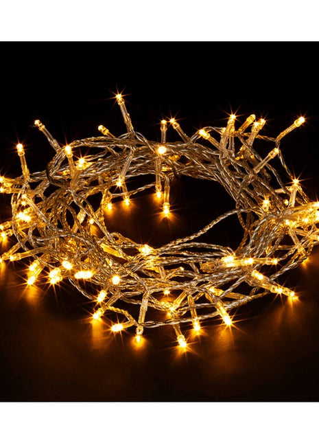 Deko Lichterkette 10M mit 100 Mini-LEDs, 8 Programmen, Durchsichtig Kabel, Warm Licht, Verbindbar 50M, für Außen