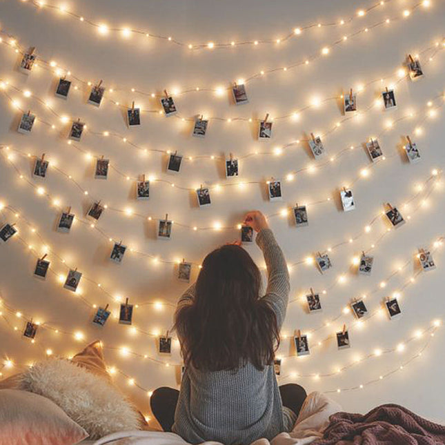 Kupferdraht Lichterkette 10M mit 100 Mini-LEDs, Foto-Clip mit 20 abnehmbaren Haken, Strombetrieben, Warm Licht