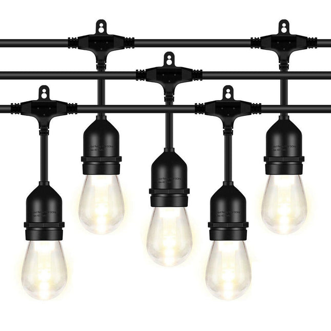Lichterkette 15M mit 15 Pendel LED-Birnen, E27, 2W, Kunststoff, Dimmbar, Schwarzes Kabel, Verbindbar 500M, für Außen