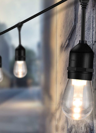 Lichterkette 15M mit 15 Pendel LED-Birnen, E27, 2W, Kunststoff, Dimmbar, Schwarzes Kabel, Verbindbar 500M, für Außen