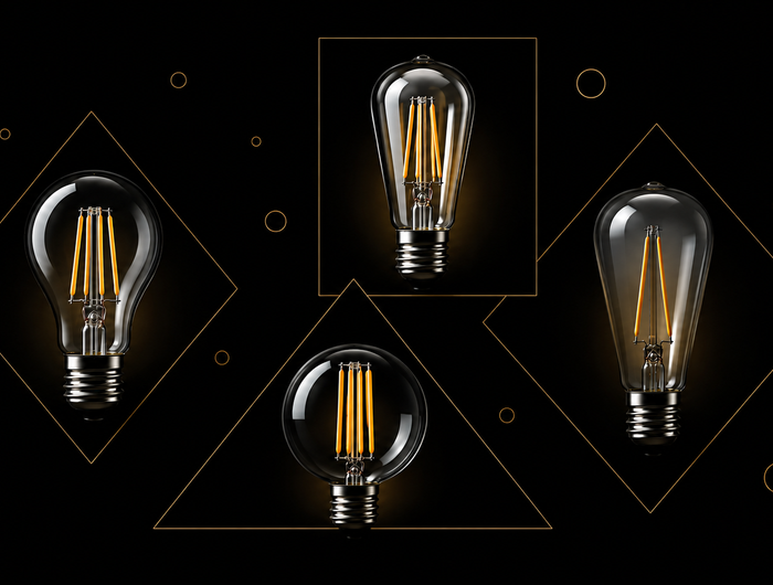 LED-Leuchtmittel mit Filament in verschiedenen Glühbirnenformen auf schwarzem Hintergrund