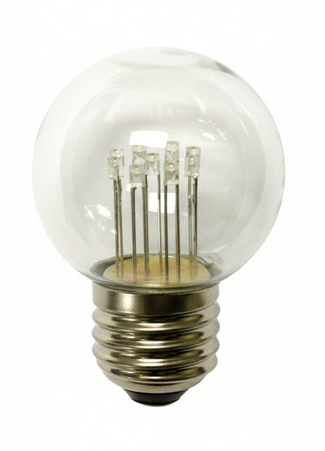 Kompaktes LED-Leuchtmittel G45 mit klarer Glaskugel und E27-Fassung auf weißem Hintergrund