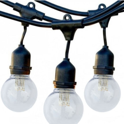 Außenlichterkette mit klaren LED-Filament-Leuchtmitteln und E27-Fassung für Garten und Terrasse