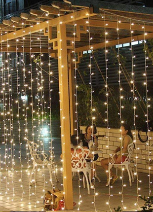 Lichtervorhang 3M × 3M mit 300 Premium-LEDs, Durchsichtig Kabel, Warm Licht, Verbindbar 15M, für Außen