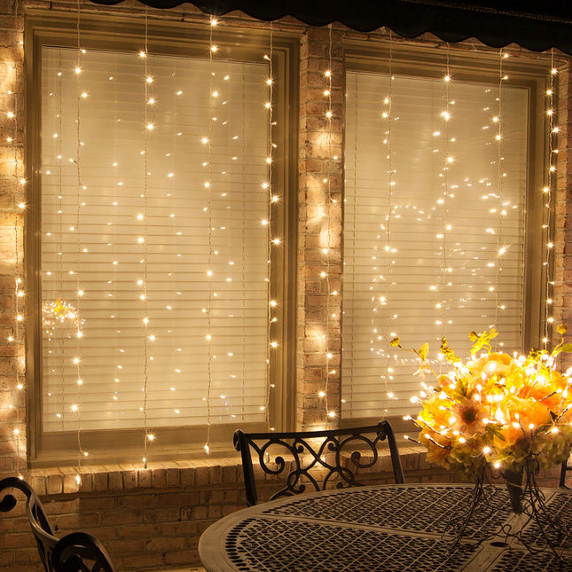 Lichtervorhang 3M × 1M mit 150 Premium-LEDs, Durchsichtig Kabel, Warm Licht, Verbindbar 15M, für Außen
