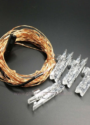 Kupferdraht Lichterkette 10M mit 100 Mini-LEDs, Foto-Clip mit 20 abnehmbaren Haken, Strombetrieben, Warm Licht