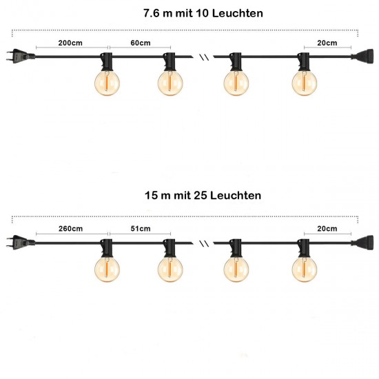 Lichterkette 7,6M mit 10 + 1 LED-Leuchtmittel G40, E12, 1W, Schwarzes Kabel, Verbindbar 480W, für Außen