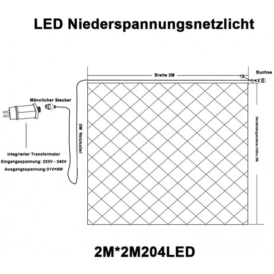 Lichternetz 2M × 2M, 204 LEDs, mit 8 Programmen, Durchsichtig Kabel, Warm Licht, Verbindbar 8M, für Außen