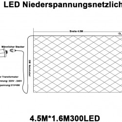 Lichternetz 4.5 x 1.6M mit 300 LEDs, mit 8 Programmen, Durchsichtig Kabel, Warm Licht, Verbindbar 13.5M, für Außen