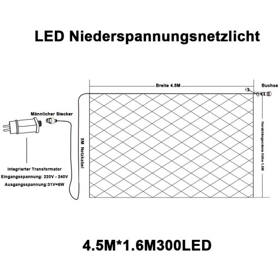 Lichternetz 4.5 x 1.6M mit 300 LEDs, mit 8 Programmen, Durchsichtig Kabel, Warm Licht, Verbindbar 13.5M, für Außen