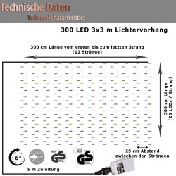 Lichtervorhang 3M × 3M mit 300 LEDs, Durchsichtig Kabel, Warm Licht und Flash, Verbindbar 15M, für Außen