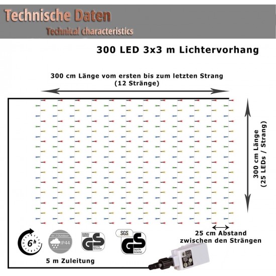 Lichtervorhang 3M × 3M mit 300 LEDs, Durchsichtig Kabel, Warm Licht und Flash, Verbindbar 15M, für Außen