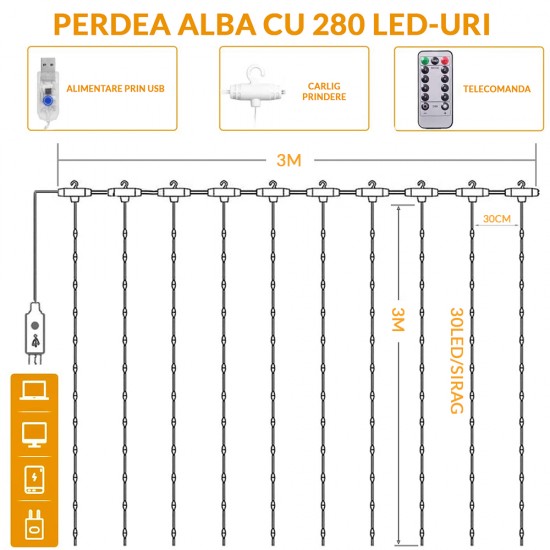 Silberdraht Lichtervorhang 3M × 3M, 300 LEDs, mit USB und Fernbedienung, 8 Programmen, Warm Licht, für Außen 