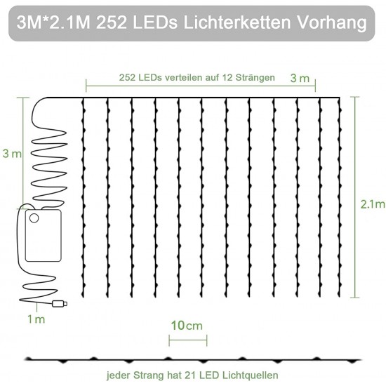 Lichterkette Vorhang 3M x 2,1M Künstliche Efeugirlande mit 252 Mini-LEDs, mit USB und Batterien, für Außen