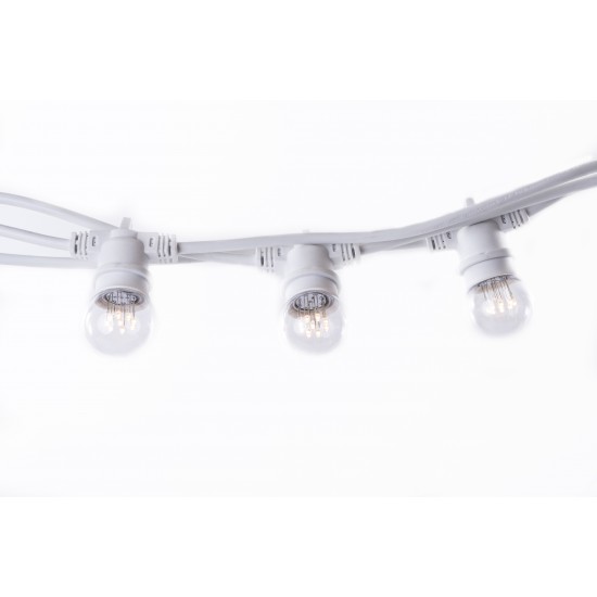 Lichterkette 5M mit 10 Lampen mit 9 LEDs, E27 1W, Dimmbar, Weißes Kabel, Warm Licht, Verbindbar 1000M, für Außen