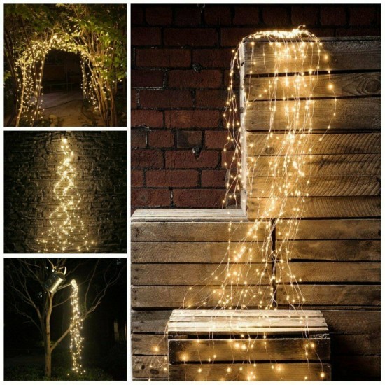 Kupfer Wasserfall Lichterkette 2M mit 300 Mini-LEDs mit Batterien und Fernbedienung, Warm Licht, für Außen