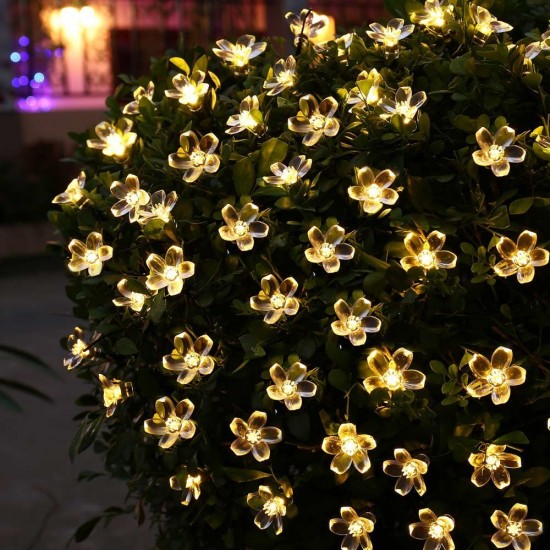 Solar Lichterkette 10M mit 100 Lotusblumen-LEDs, Dunkelgrün Kabel, Warm Licht, für Außen