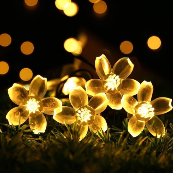 Solar Lichterkette 3M mit 20 Lotusblumen-LEDs, Dunkelgrün Kabel, Warm Licht, für Außen