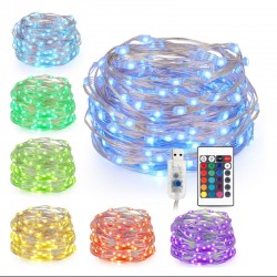 Silberdraht Lichterkette 10M mit 100 Mehrfarbige-LEDs,16 Farben LEDs, Warm Licht, mit USB-Kabel und Fernbedienung