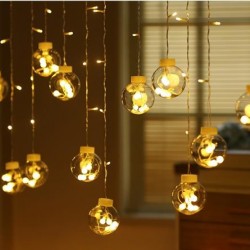 Dekorative Lichtervorhang 2,5M mit 12 Globen, 108 LEDs, Durchsichtig Kabel, Warm Licht, Verbindbar 12,5M für Außen